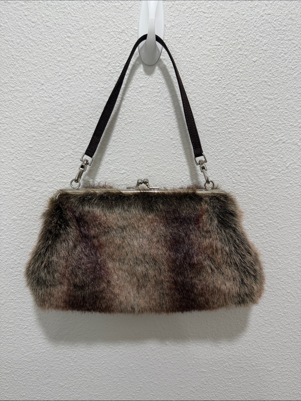 Y2K Faux Fur Clutch Handbag with Removable Strap - Brown - Picture 2 of 4